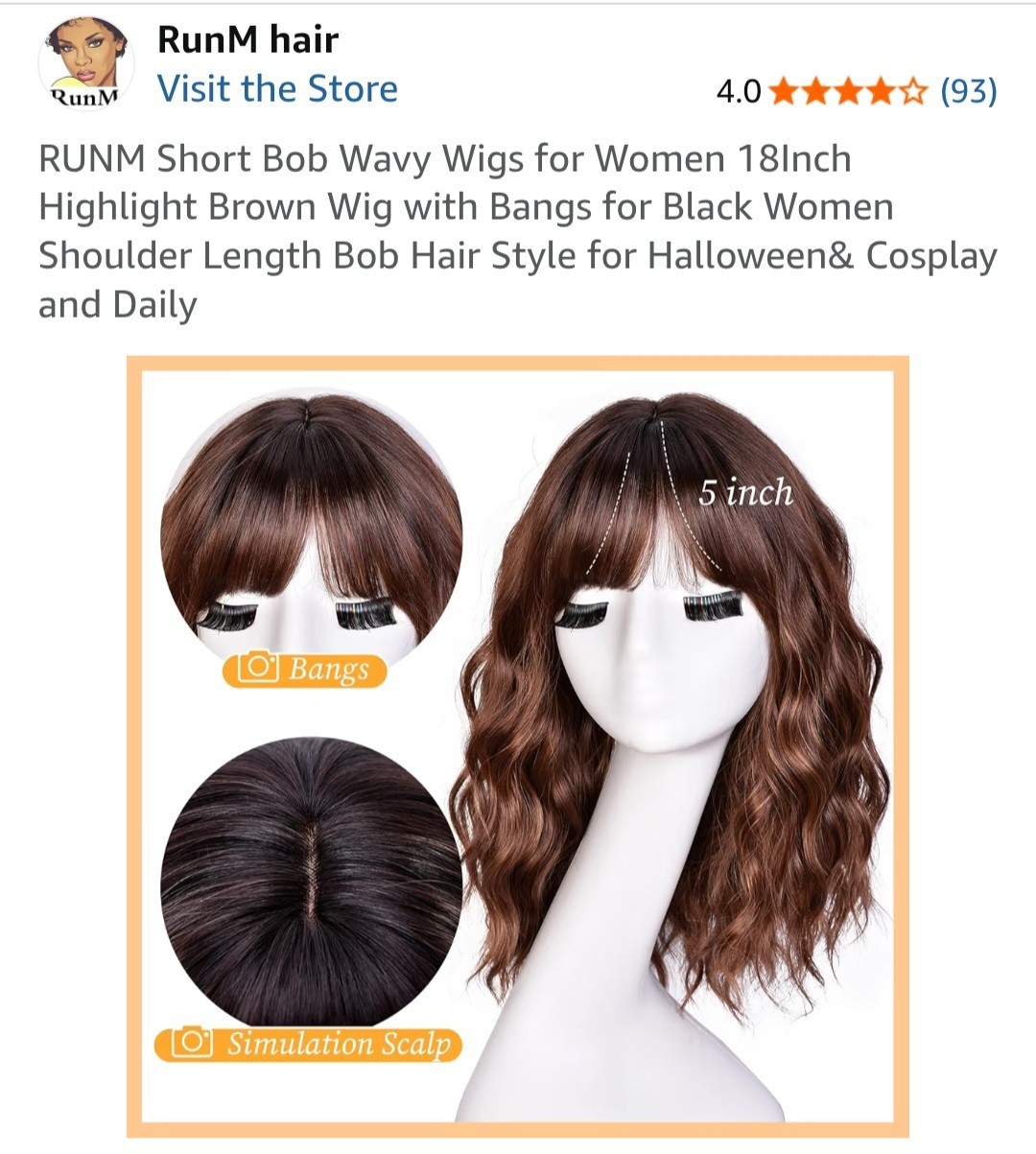 RunM Hair 16in Highlight Brown Wavy Bob Wig w/ Bangs, Wig Cap Simulation Scalp