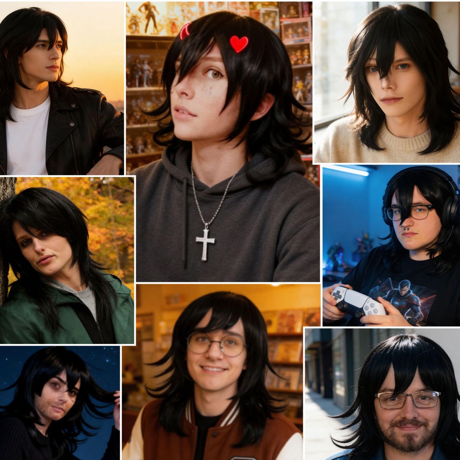 17in Black Long Wavy Wig with Bangs Mens Black Medium Length Wigs