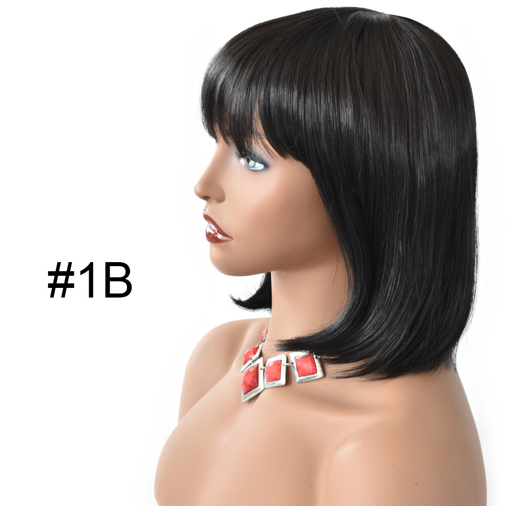 Women Bob Wigs with Bangs Natural Look Premium Synthetic Short Black Brown Hair