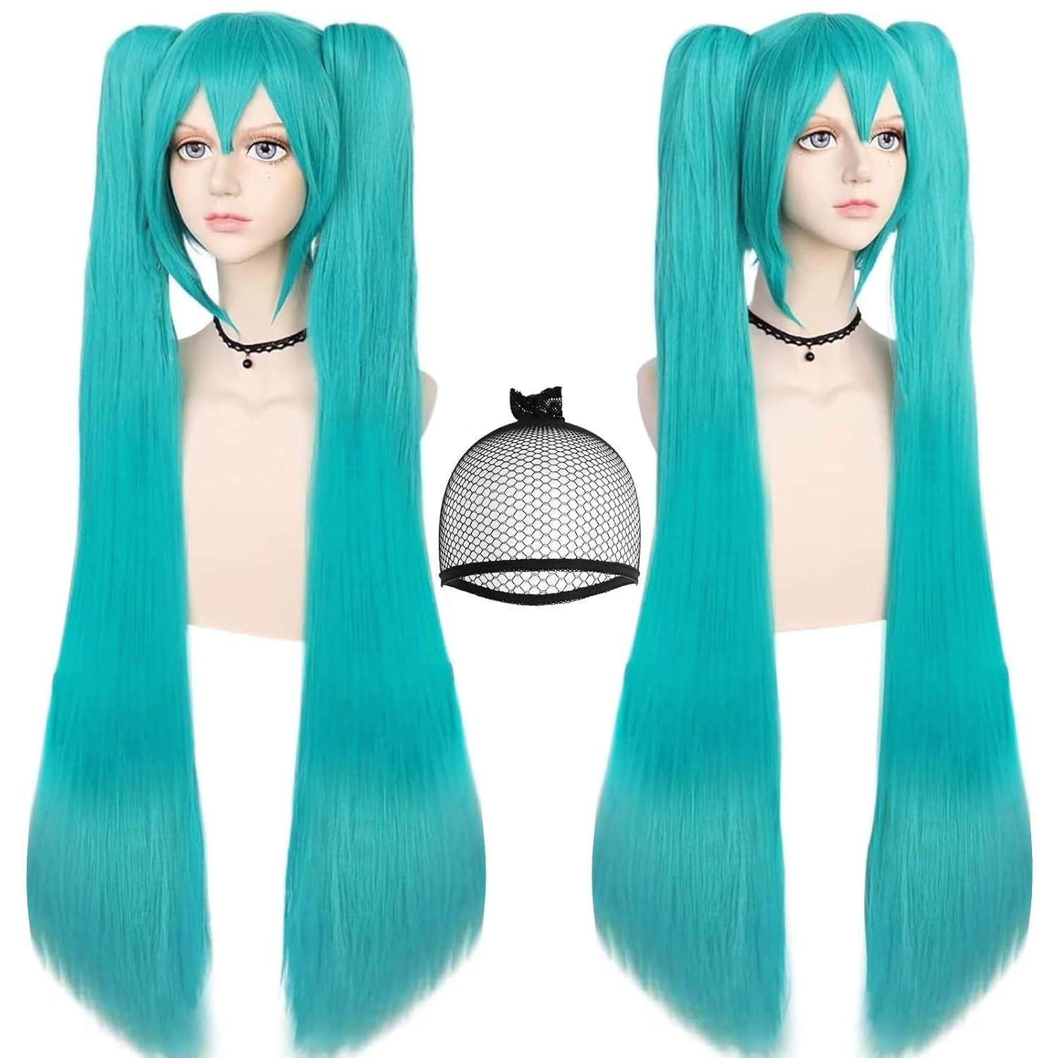 Hair Cap+48inch/120cm Green Wig Cosplay Green Teal wig Double Ponytail Wig Lo…