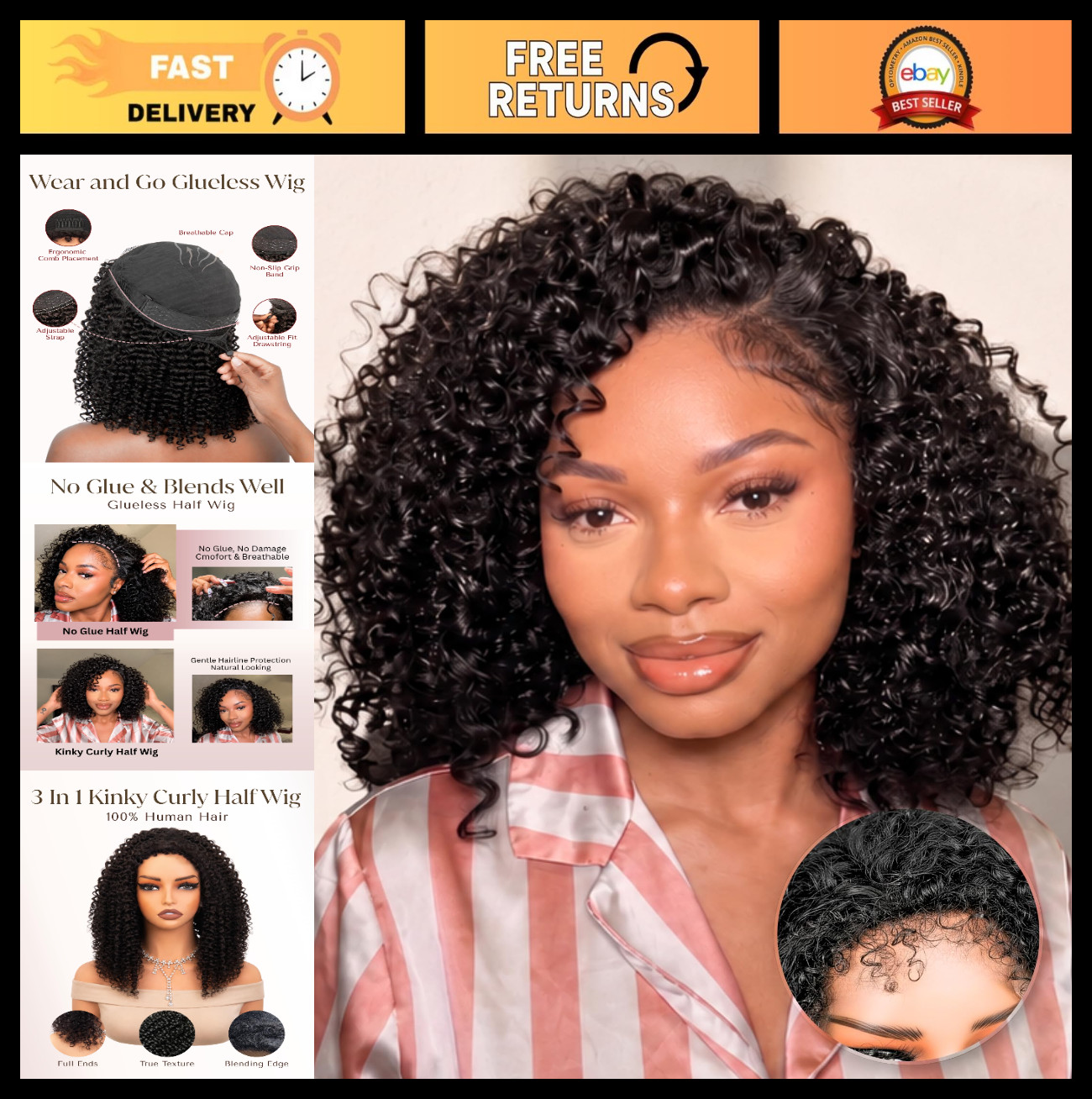 Kinky Curly Half Wig 100% Remy Human Hair | Glueless Flip Over Drawstring 3-in-1