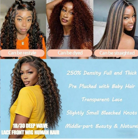13×4 Deep Wave 250% Density Ombre 1B/30 Transparent Lace Wigs Human Hair