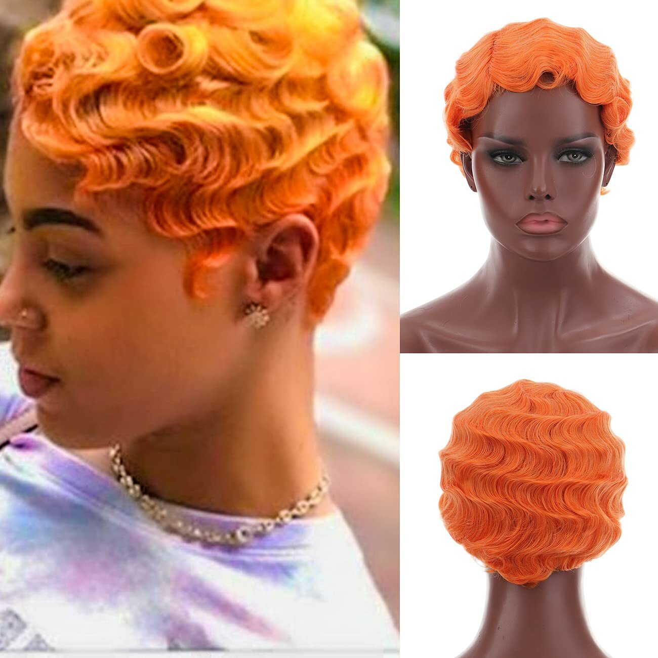 Short Finger Wave Wigs Orange Wigs for Women Fashion Party Wigs None Lace Wigs