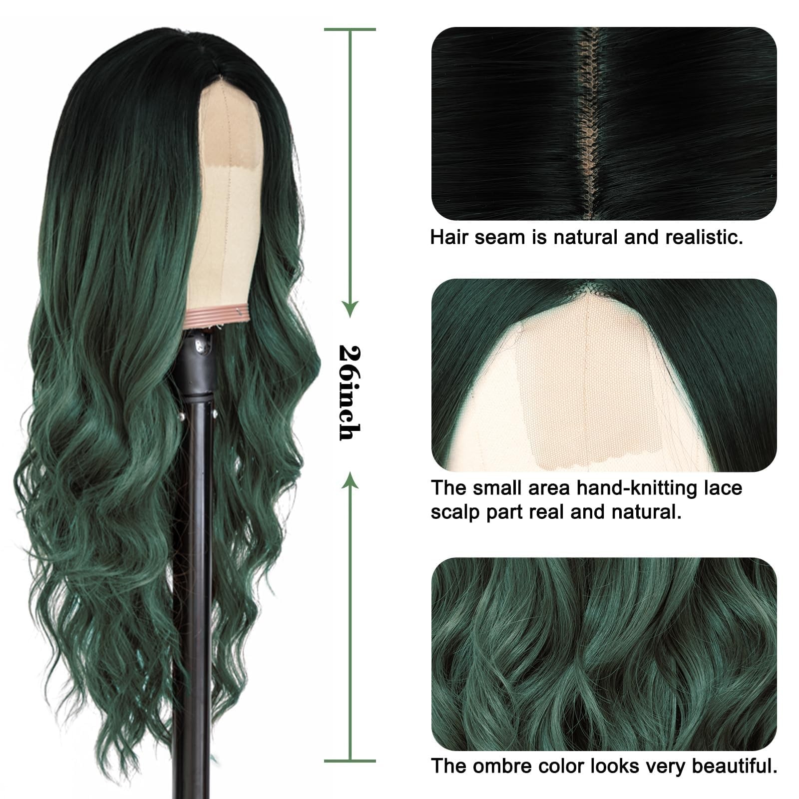 Long Ombre Green Wavy Wig for Women 26 Inch Middle Part Curly Wavy Wig Natura…