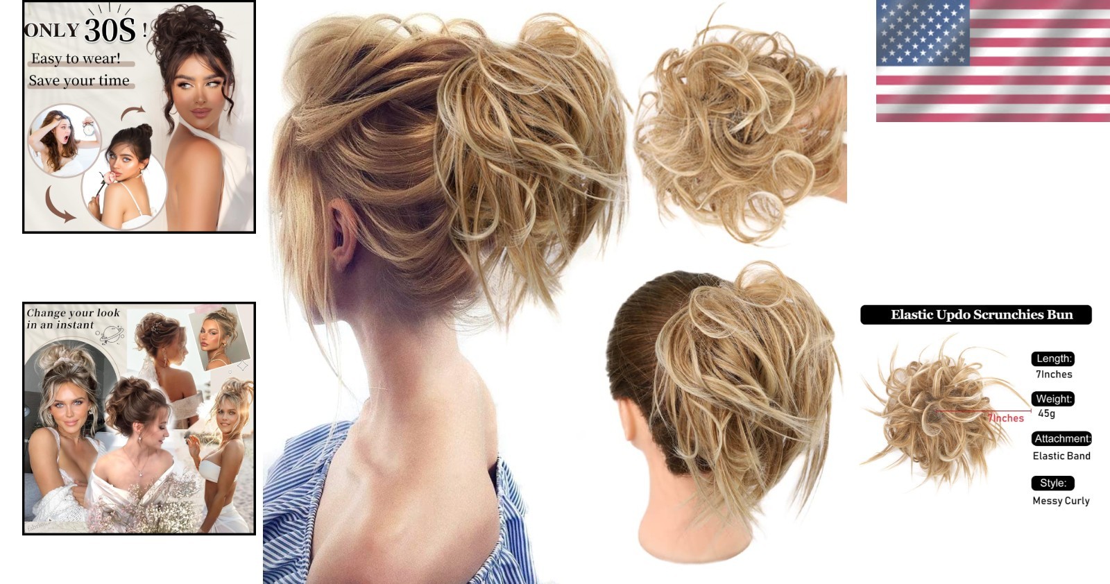 Updo Hair Extension with Elastic Band Adjustable Size Messy Bun for Women