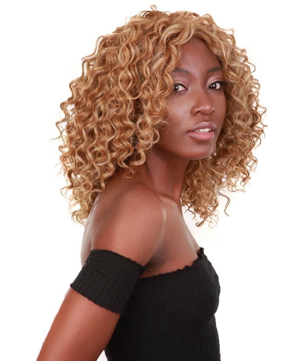LUXLUXE Ada Curly 17.5 Inch Long 13×2.5 Hand-Tied Lace Front Wig, Blonde Blend