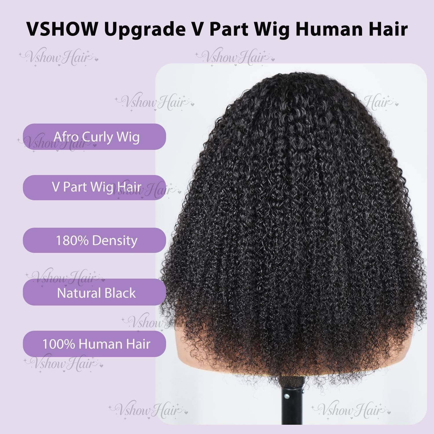 20″ Afro Curly V Part Wig – Glueless Human Hair, 180% Density, Kinky Curly, Natu