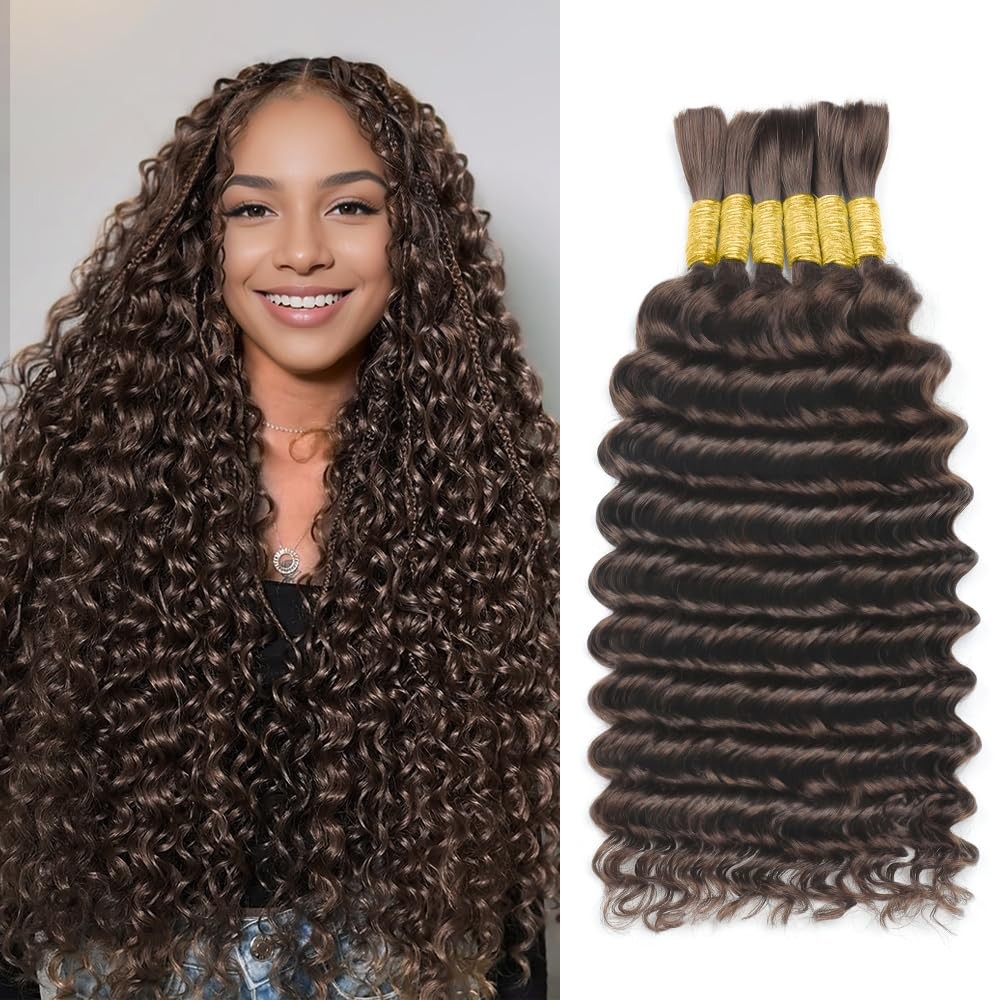 Dark Brown Braiding Hair Deep Wave Bulk Human Hair Boho Braids 150g 6 Bundles/Pa