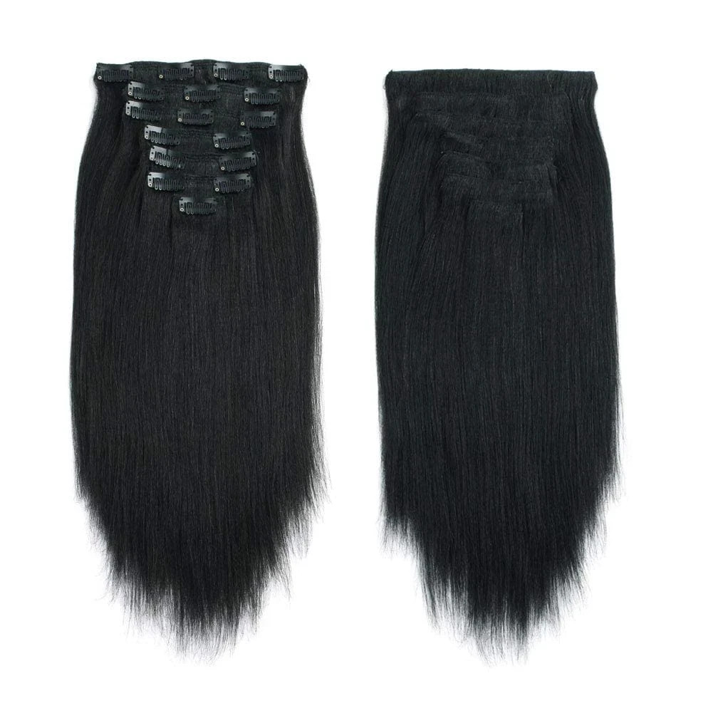 Clip in Hair Extensions Black Women, Yaki Straight Clip Ins Black Hair Extension
