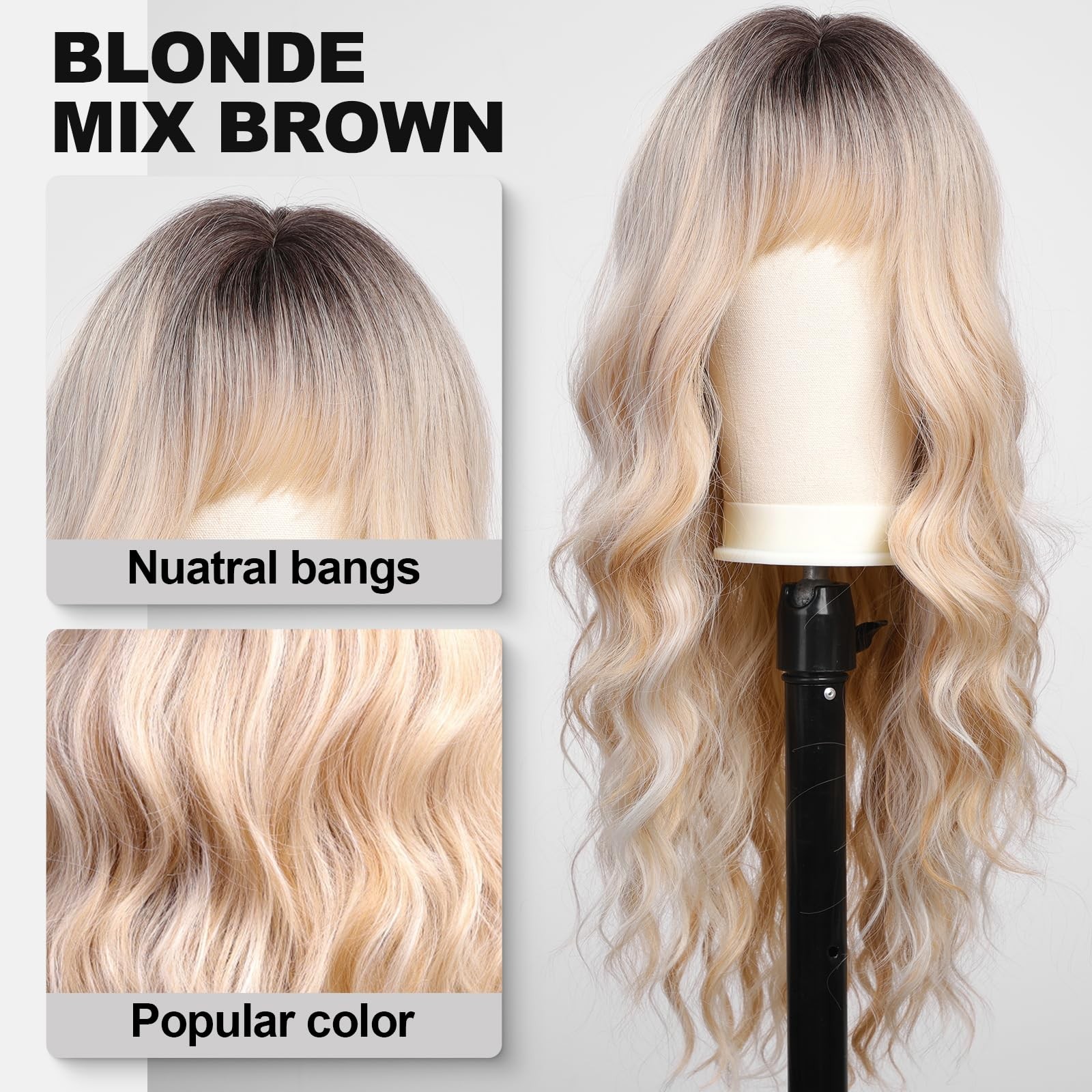 Ombre Blonde Wigs with Bangs,Long Curly Wig for Women,Blonde Long Wavy Wig Sy…