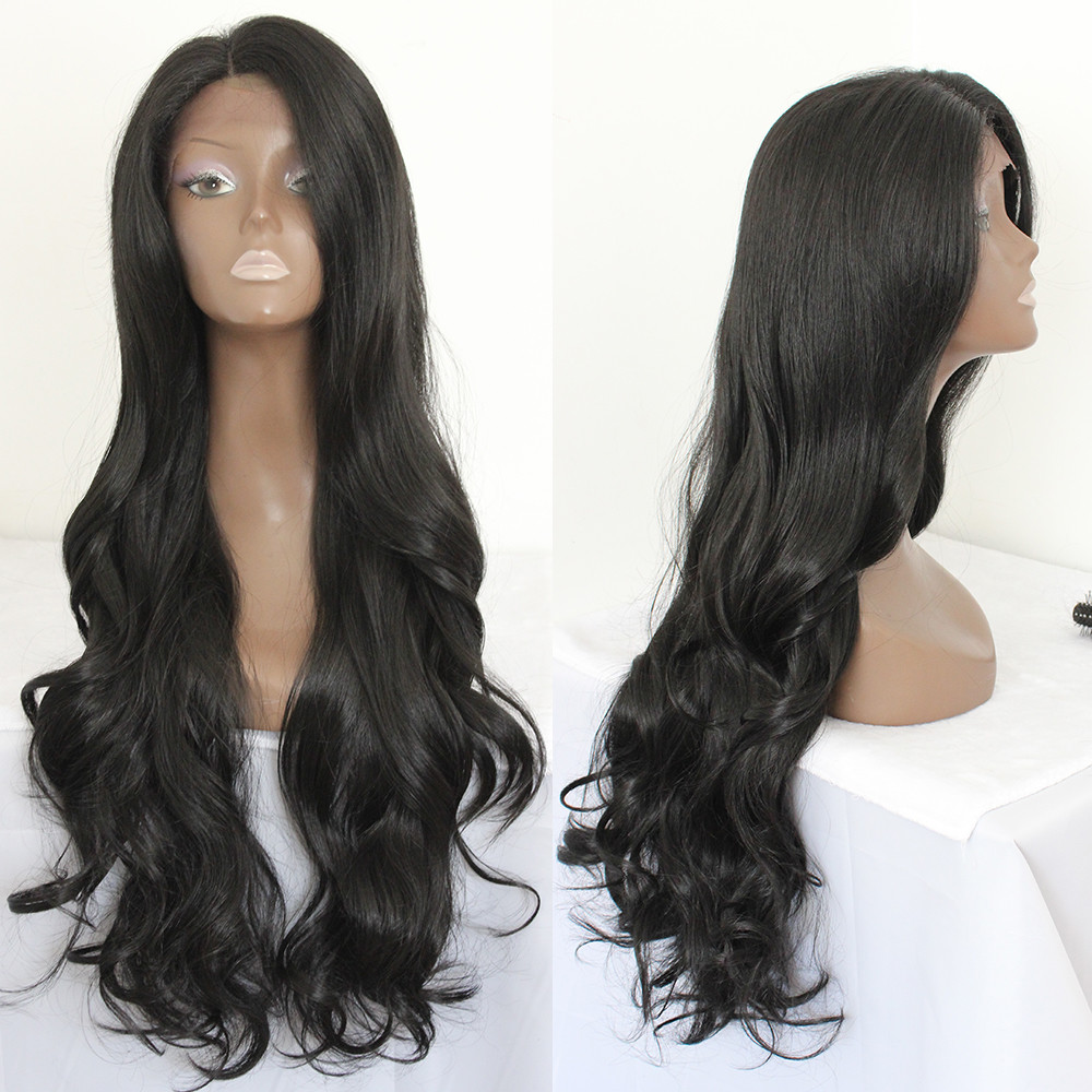Long Black Synthetic Lace Front Wig Body Wave Fiber Synthetic Lace Wig For Women