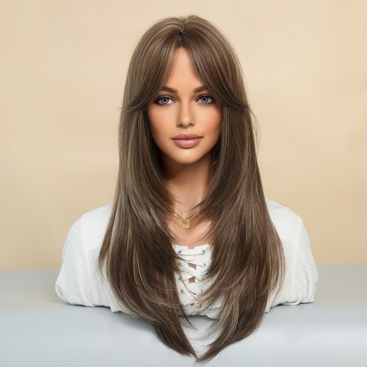 Gradient Long Straight Wig with Side Bangs Layered High Quality Natural