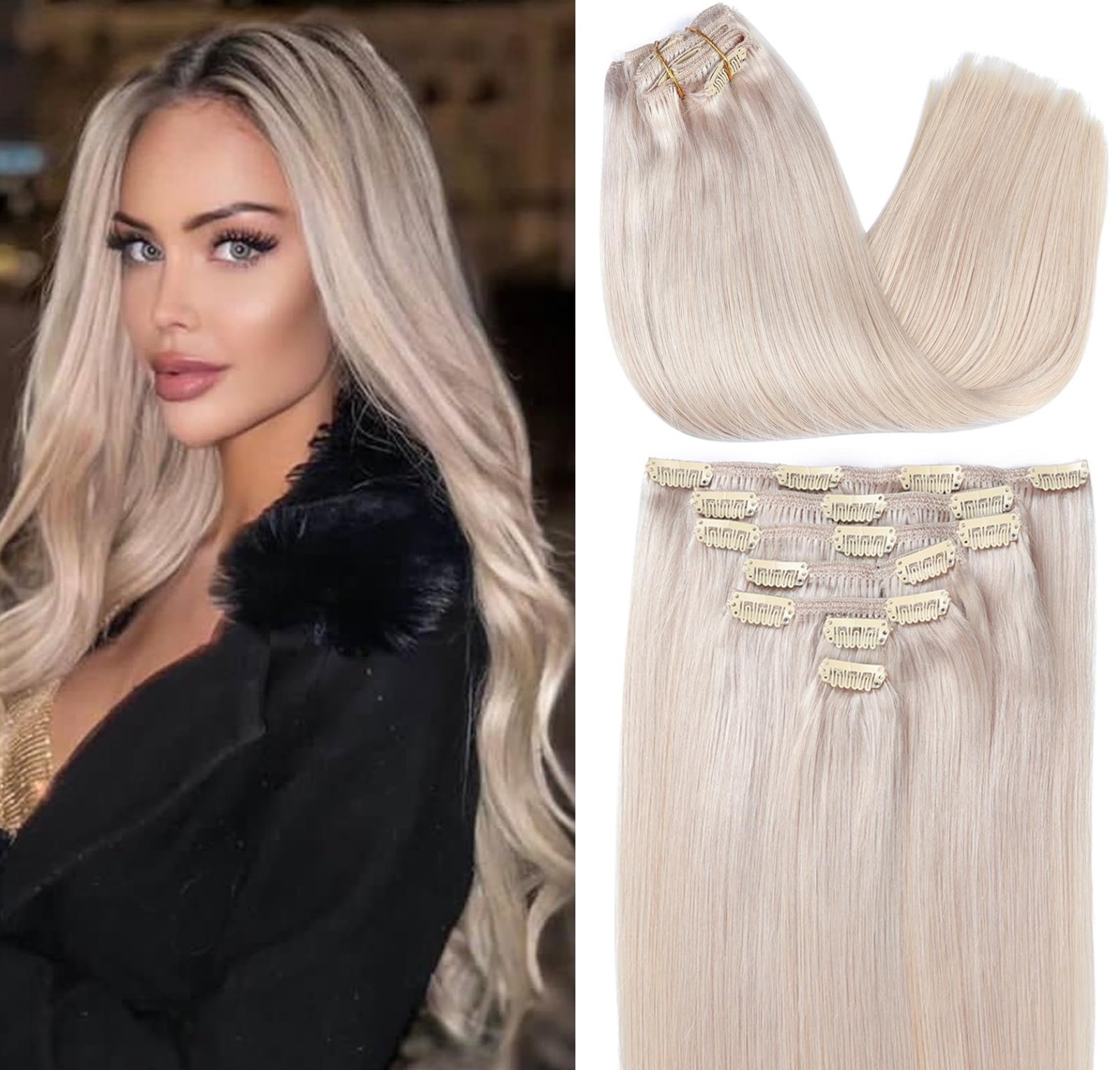 22 Inch Clip-In Real Remy Human Hair Extensions – Platinum Silver Gray 120g, 7 P