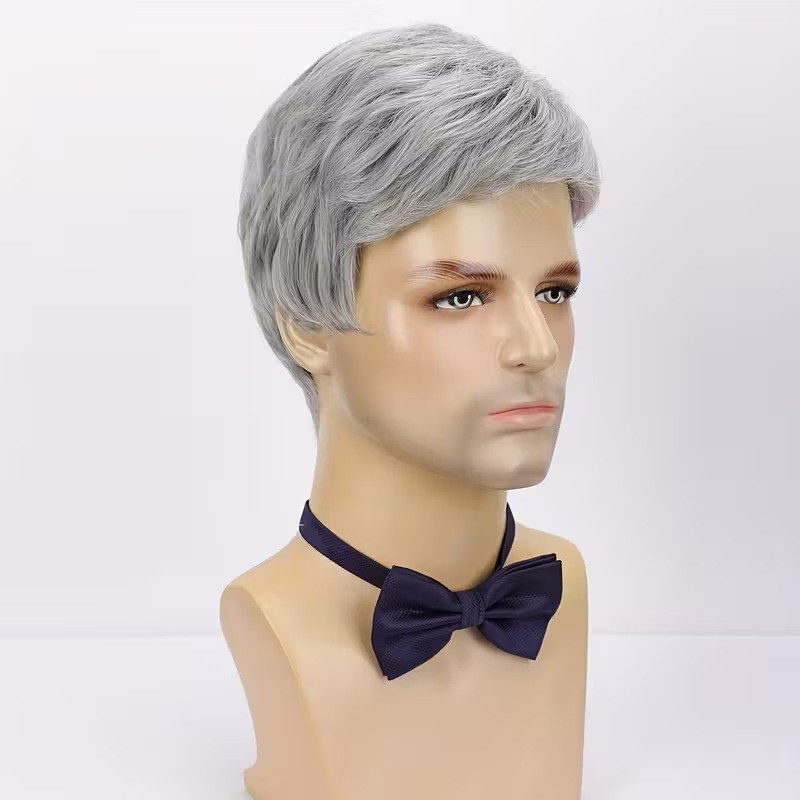 Men Grey Wig Gray Layered Short Beanie Hairpiece Dress Up Universal Cosplay Wigs