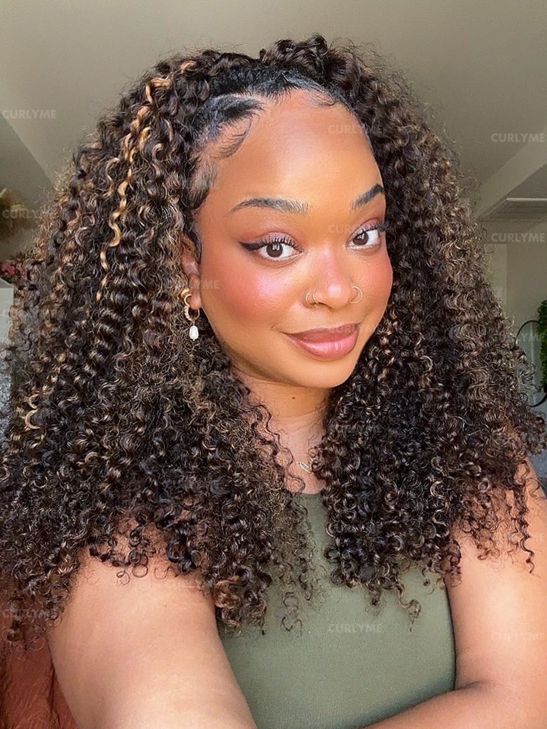 Kinky Curly Half Wig 20″ Honey Brown Ombre Human Hair Glueless Flexible Fit 3-in