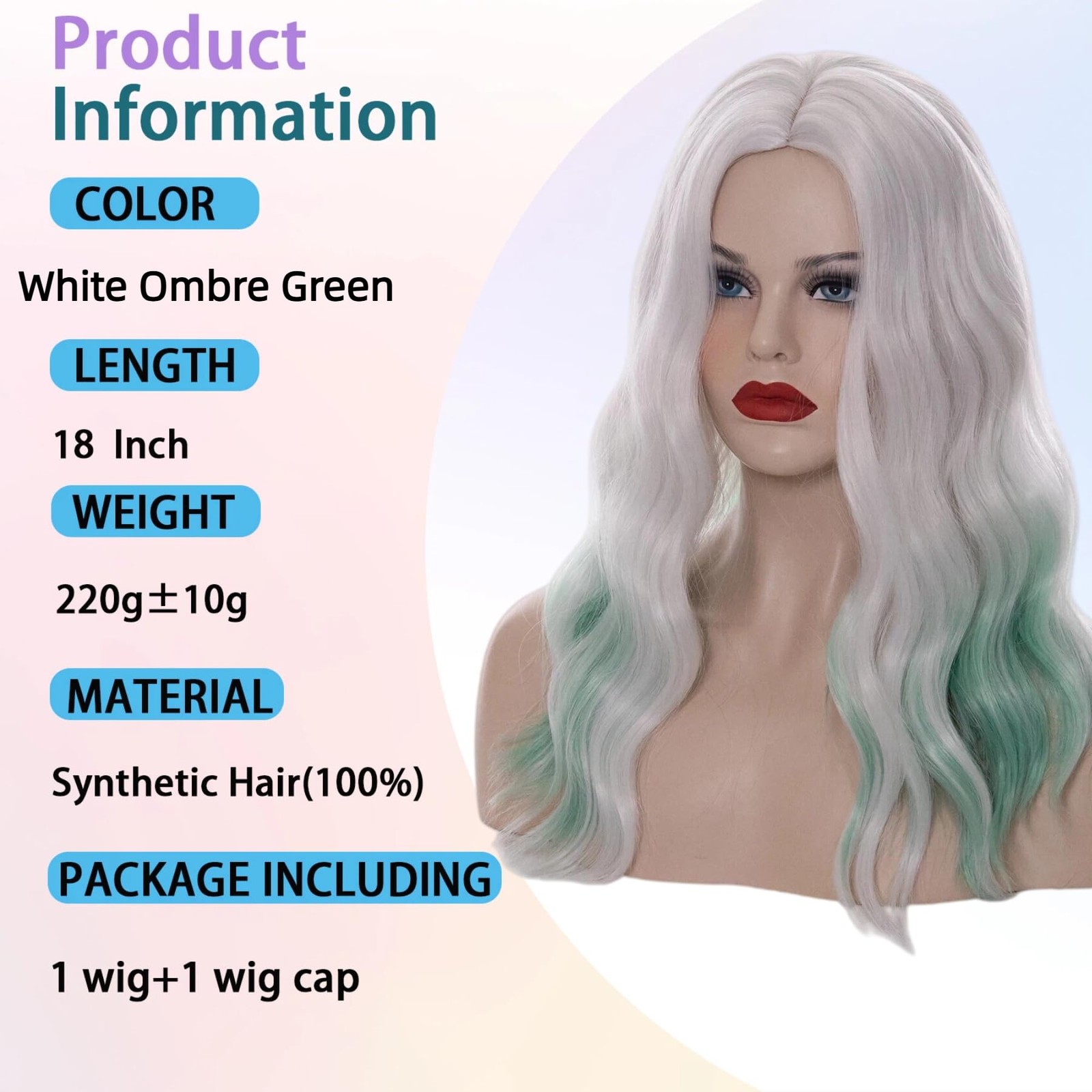 18″ Long Curly Wavy White Ombre Green Wig for Women Synthetic Hair Party Cosp…
