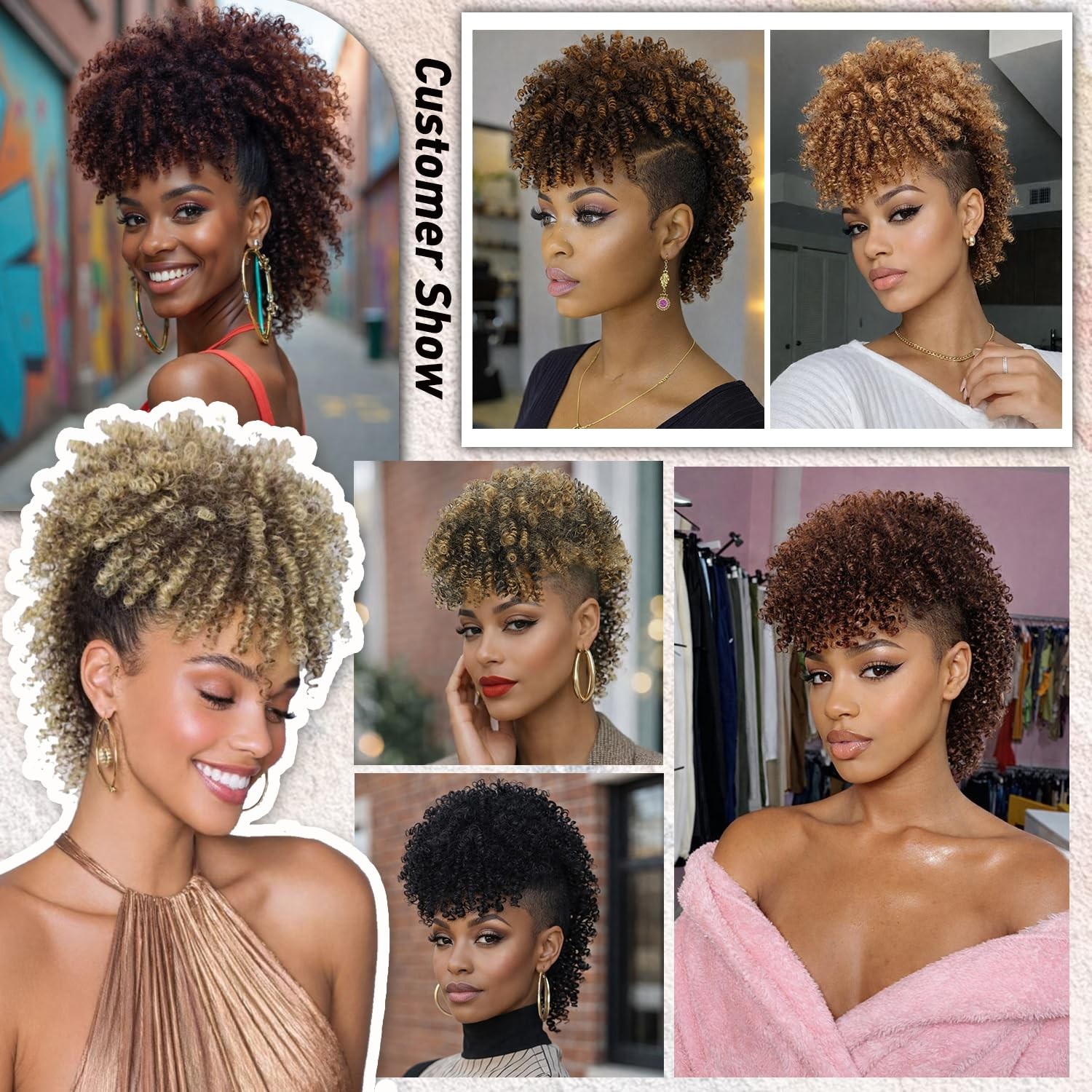 Mohawk Wig Kinky Curly Natural Black Ponytail with Bangs – Clip on Extension