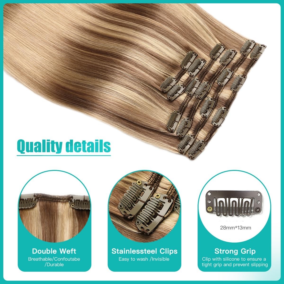 20″ Clip-in Human Hair Extensions Golden Brown to Honey Blonde Balayage 120g 6pc