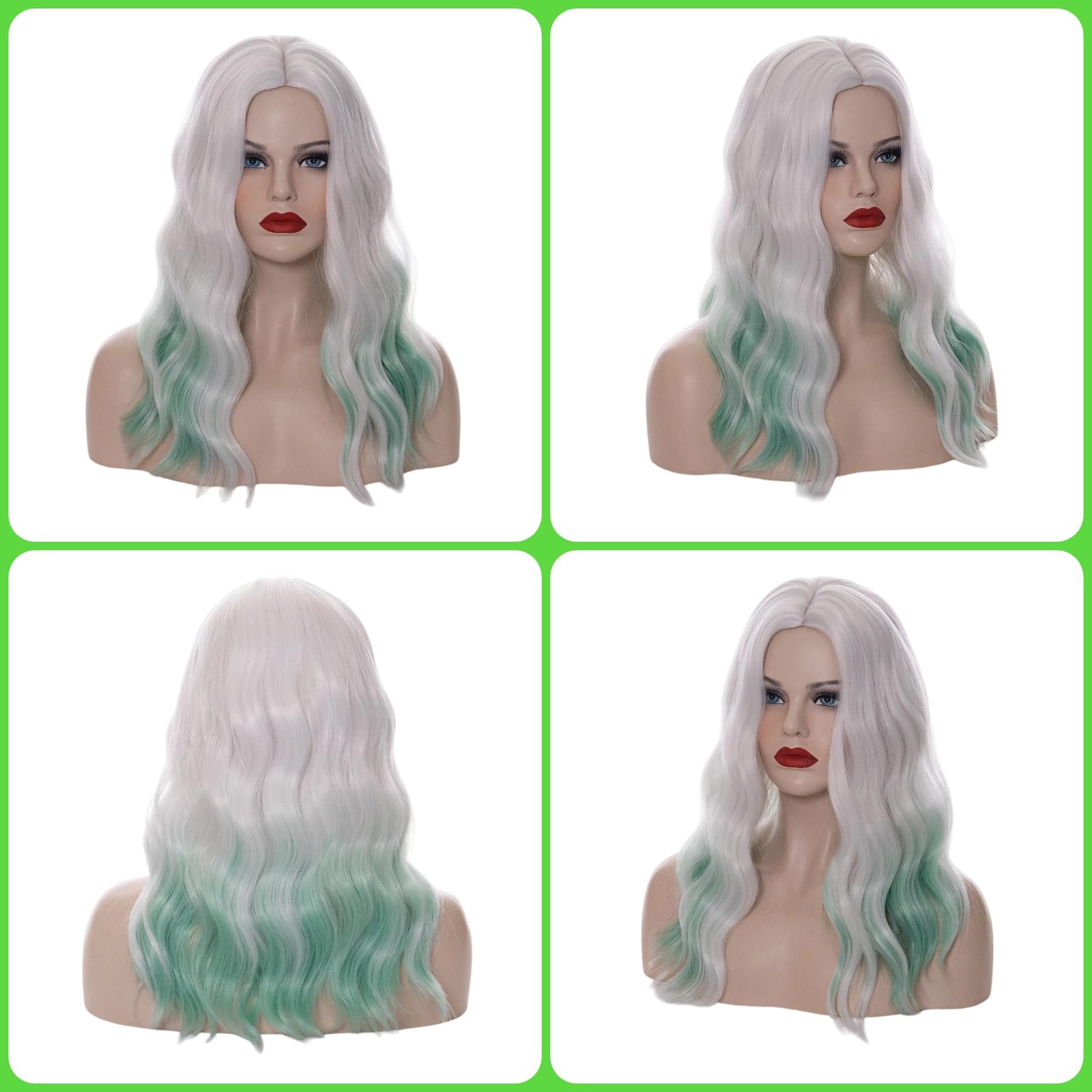 18″ Long Curly Wavy White Ombre Green Wig for Women Synthetic Hair Party Cosp…