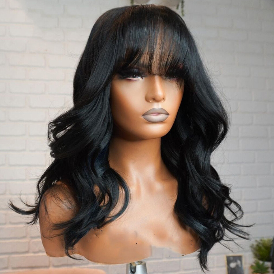 Brazilian Remy Human Hair Body Wavy Full Machine Made Wigs With Bangs None Lace
