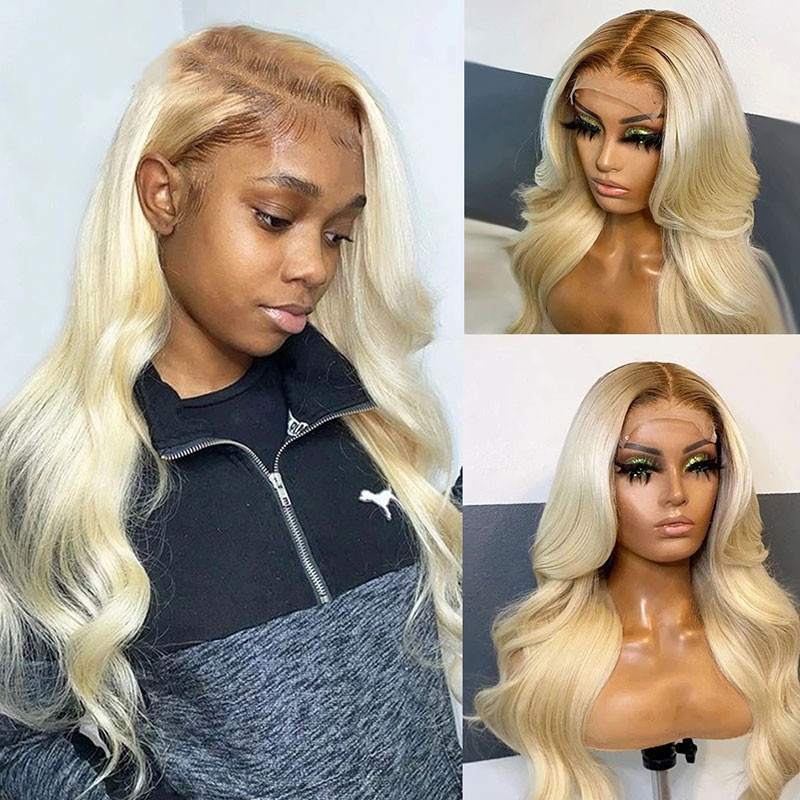 Pre Plucked Lace Frontal Wigs 150% Density Ombre 1B/613 Color Blonde Body Wave