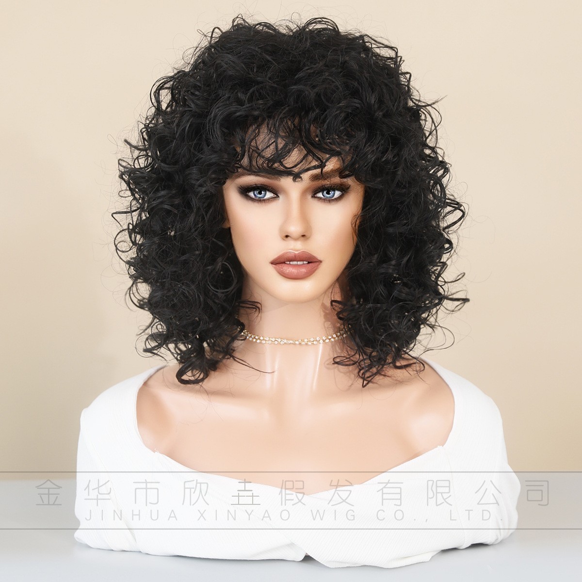 Custom Short Tight Curly Wig with Bangs Rose Net Cap Machine Made Synthetic