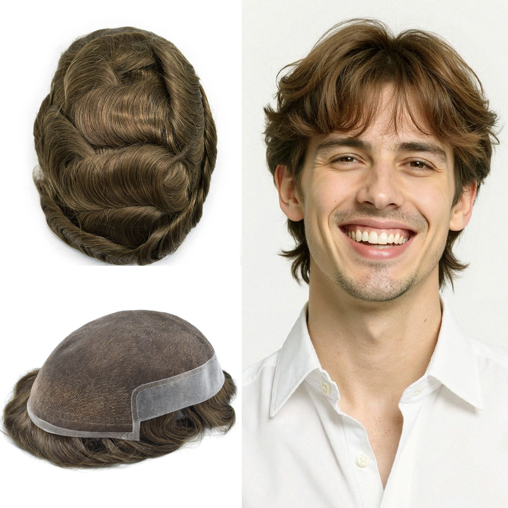 Swiss Lace Front Mens Toupee Poly Skin Hairpieces Human Hair Replacement System