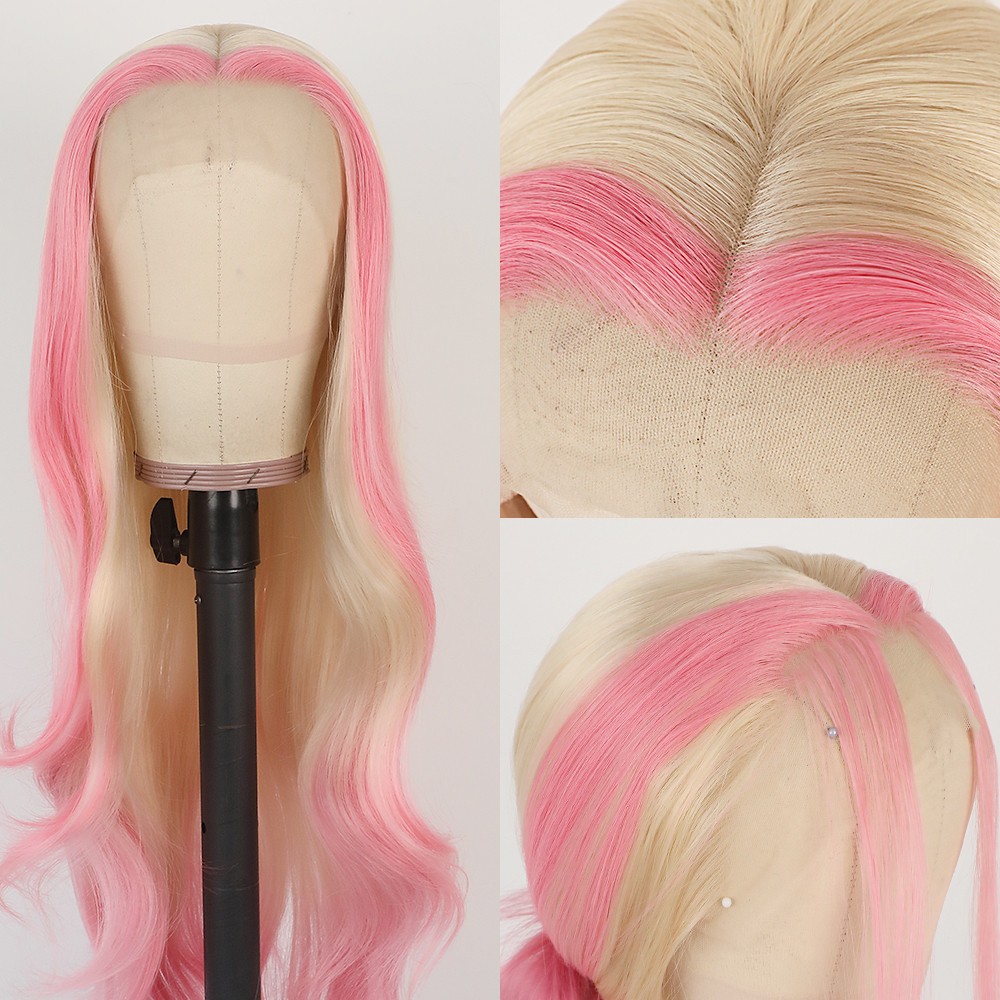 Pink Ombre Blonde Glueless Lace Front Wigs Body Wave Mixed Color Women Party Use