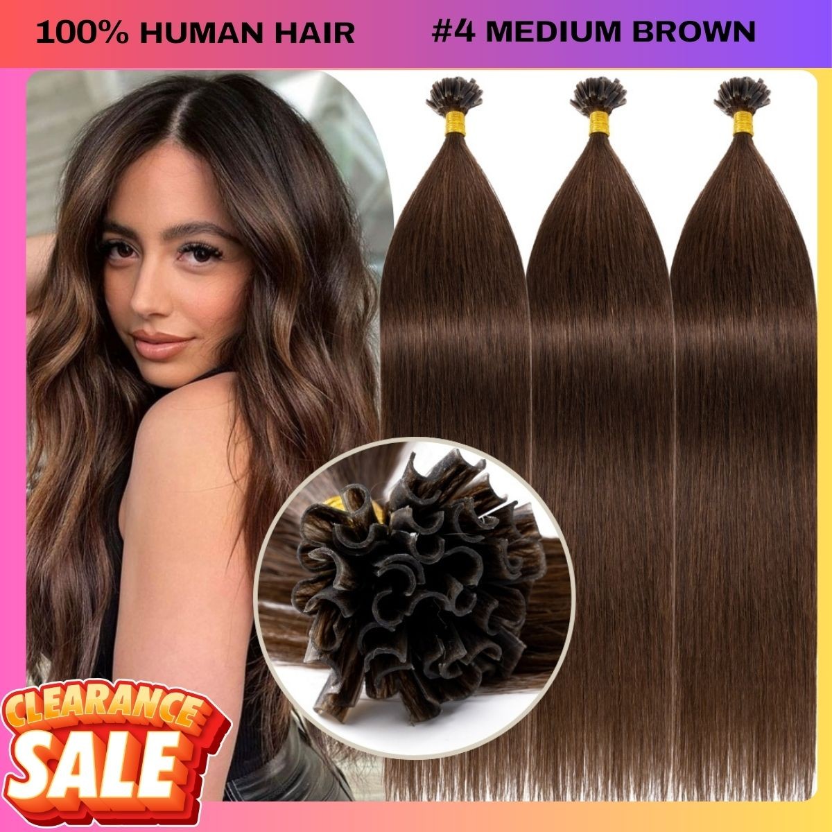 CLEARANCE Nail U-Tip 100% Human Hair Extensions Pre Bonded Keratin 4BUNDLES 200G