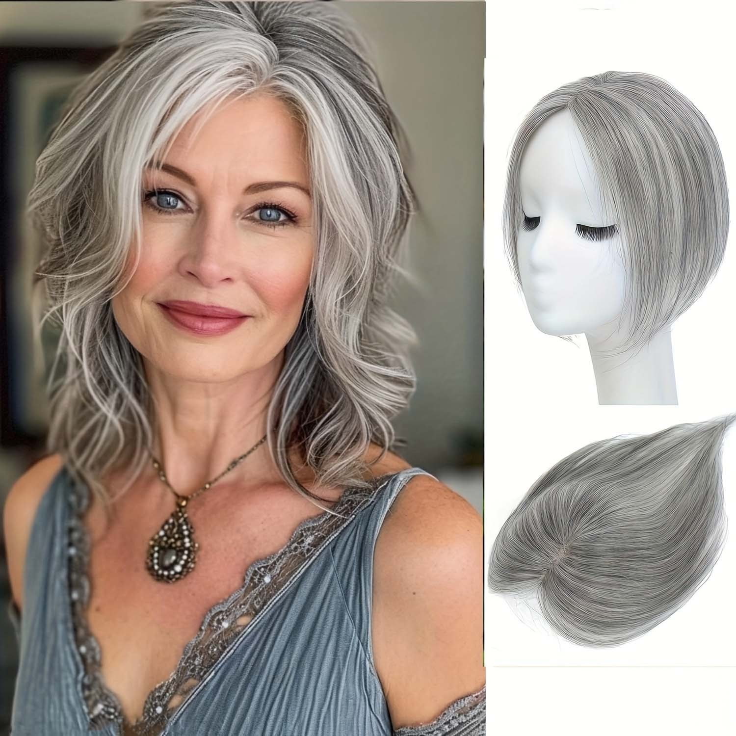 Soft Breathable Human Hair Topper with Bangs for Thinning Hair & Gray Coverage