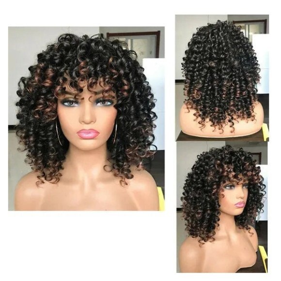 Afro Curly Wig with Bangs Black & Warm Brown Highlights Natural Synthetic Hair