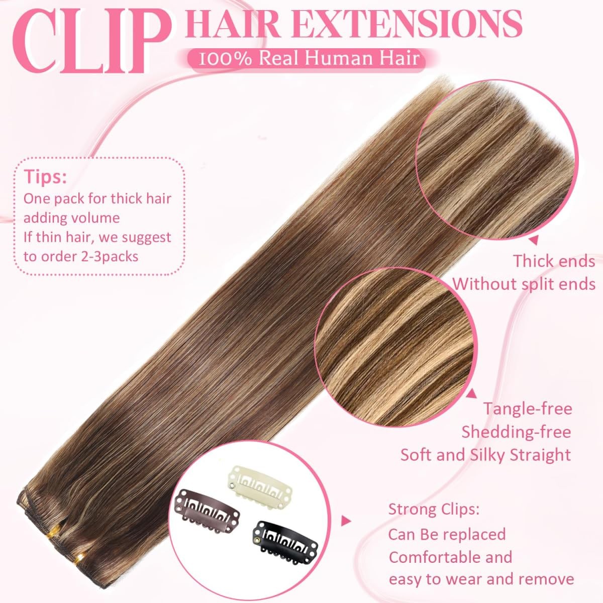 Tebelove Clip In Hair Extensions Real Human Hair 3.6Oz/100G Clip Ins 100 Human