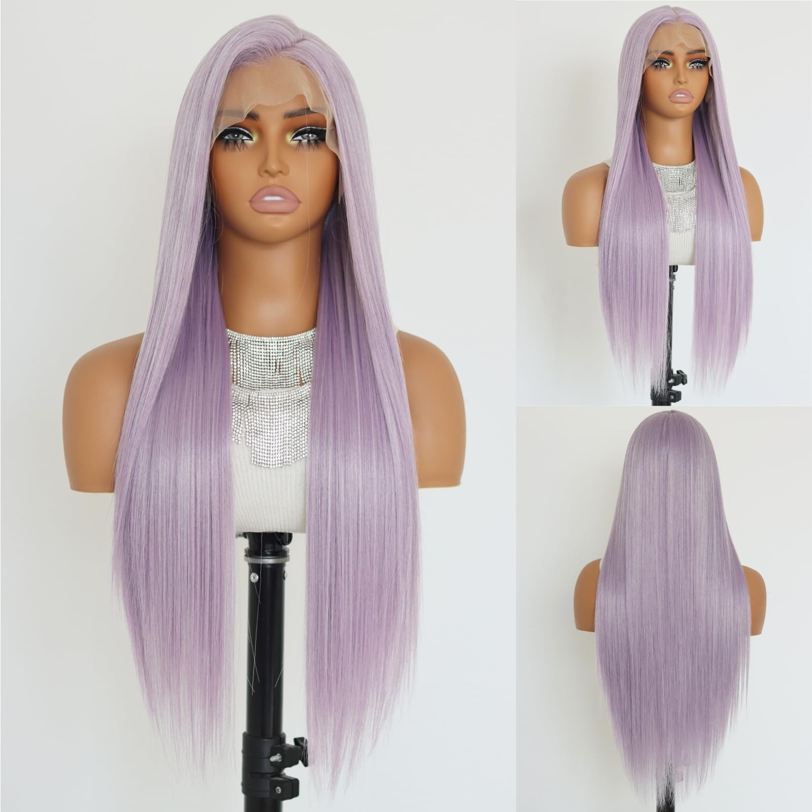 Sallywell Lavender Purple Synthetic Lace Front Wigs Long Straight Lavender 134