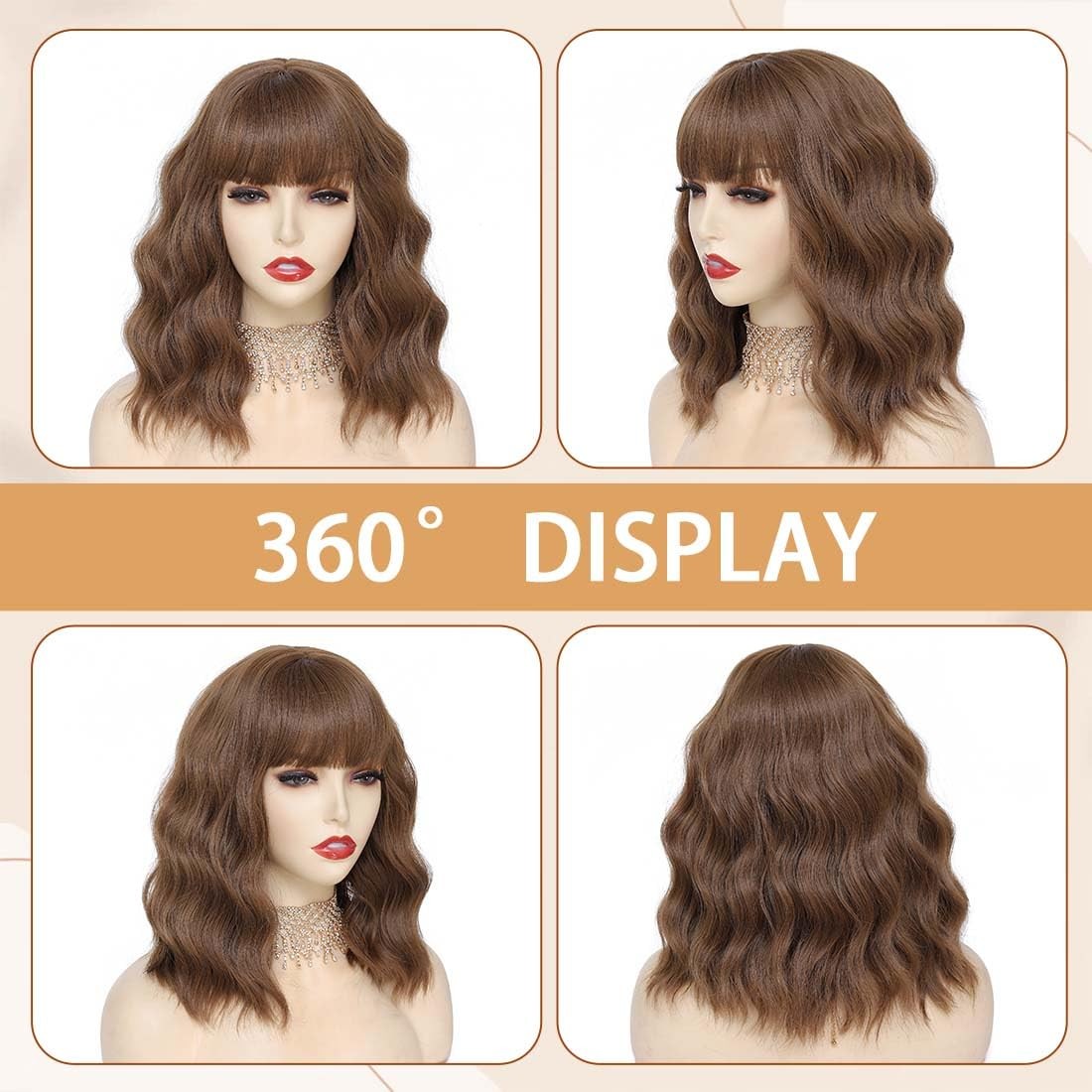 Pastel Brown Wavy Bob Wig Women, Short Shoulder Length Synthetic Wig with Bangs