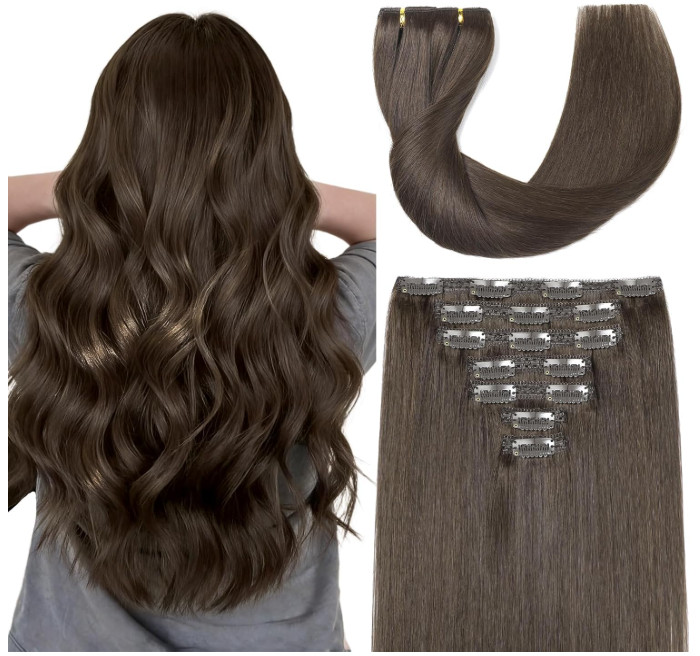 20″ Triple Weft 100% Remy Human Hair Clip-In Extensions (7-Piece Set) Dark Brown