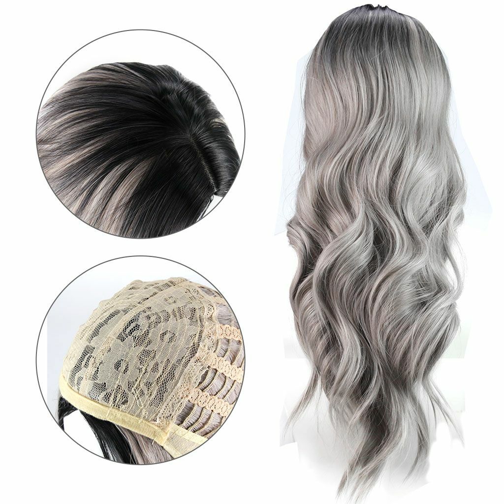 Women Lady Ash Gray Silver White Ombre Long Wavy Curly Blonde Wig Synthetic Hair