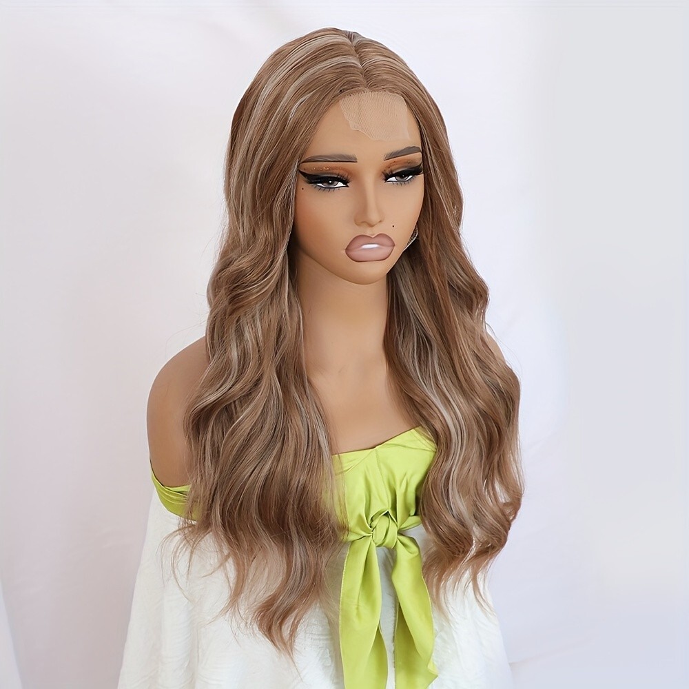 Ombre Brown Blonde Highlights Mixed Color Synthetic Wigs Middle Part Pre Plucked