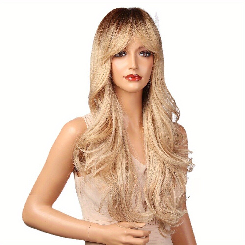 26 Inch Long Blonde Ombre Wavy Wig with Bangs Heat Resistant Layered Curly Wigs