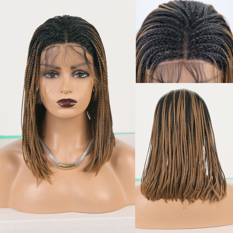 Shoulder Length Braided Rooted Brown Lace Front Synthetic Hair Heat Ok Wig Women