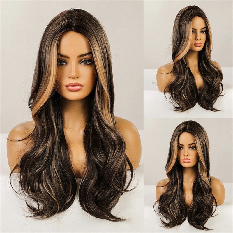 Women Ombre Black Brown With Blonde Highlights Wavy Long Hair Fashion Daily Wigs