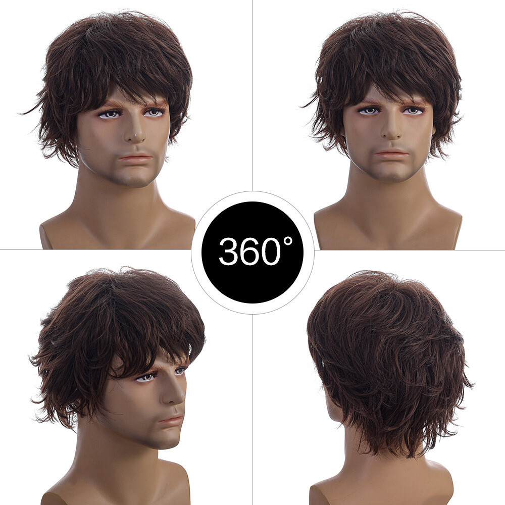 Men Short Brown Wig Natural Fluffy Synthetic Hair Wig Heat Resistant for Cosplay