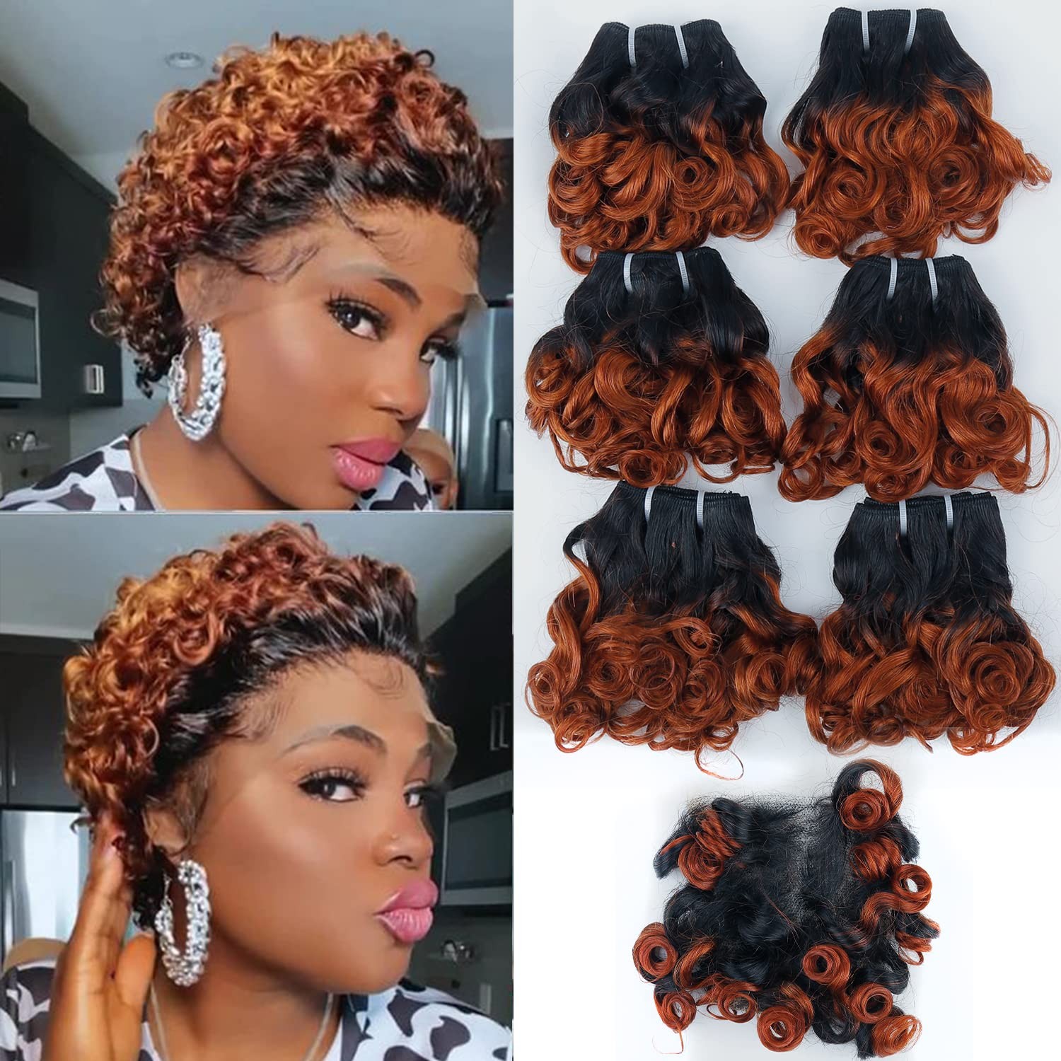 Short Curly Wavy Bundles w/ 4×4 Closure Ombre 1B/Ginger Brazilian 6 Bundles