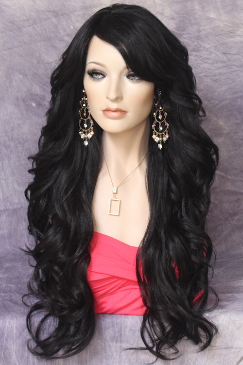 Long Off Black Human hair Blend Full Wig Goregeous wavy Heat OK WBVA 1B