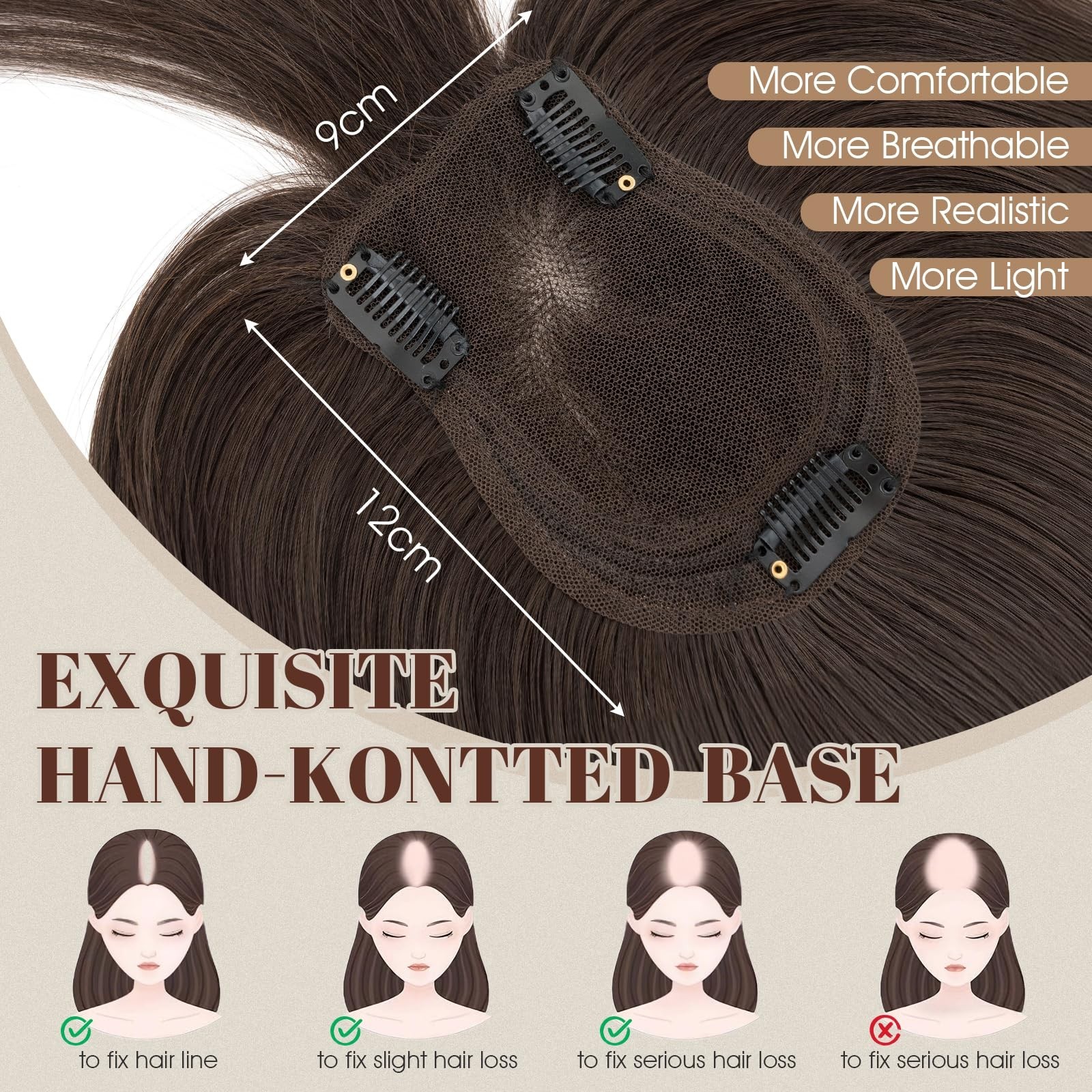 360° 3D Human Hair Topper – Ultra Thin Clip-In Bangs for Thinning Gray Hair, 12″