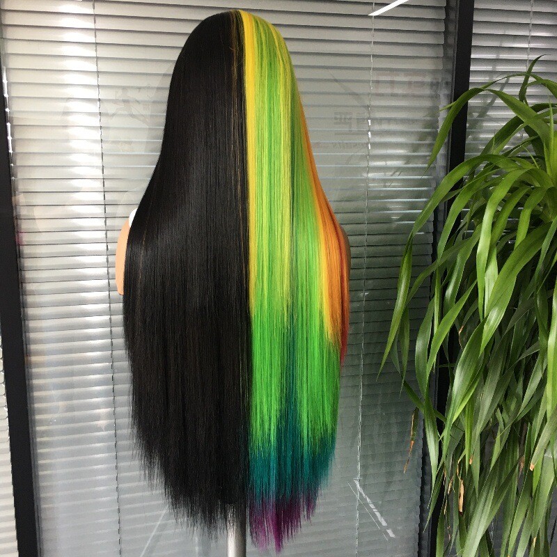Long Straight Half Rainbow Half Black Lace Front Wigs for Women Party Wigs