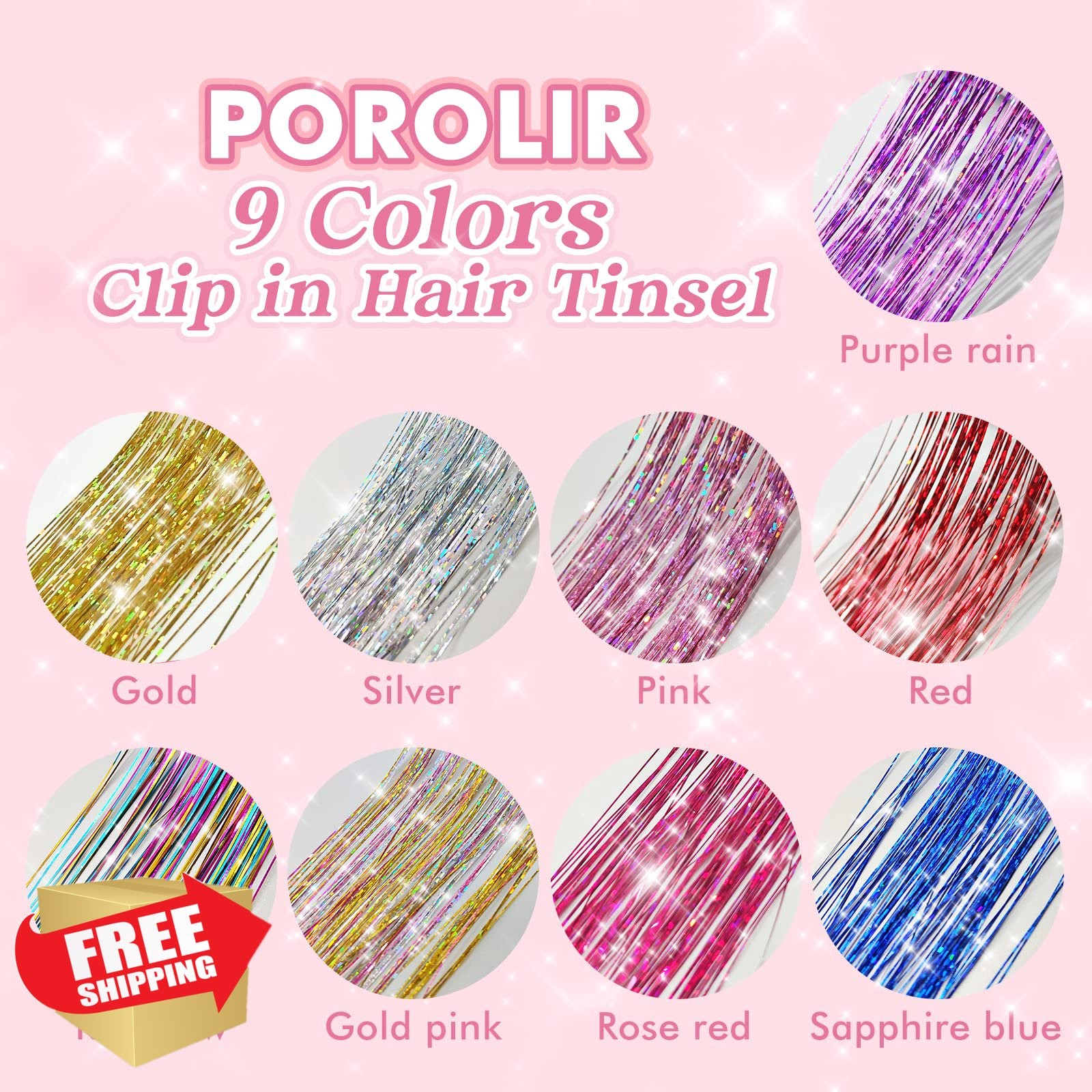 POROLIR 6Pcs Glitter Tinsel Hair Extensions Gold Pink 20 Inch