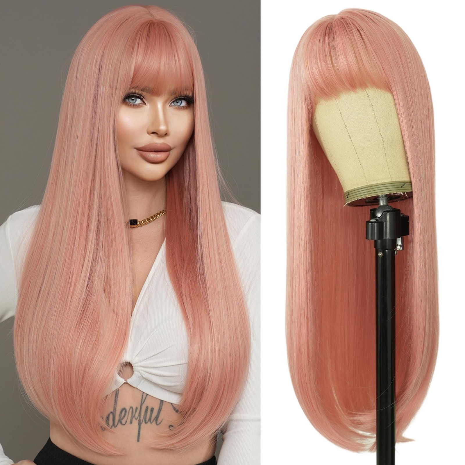 Long Straight Light Pink Wig with Bangs 28in Wig with Pale Orange Natural Hea…