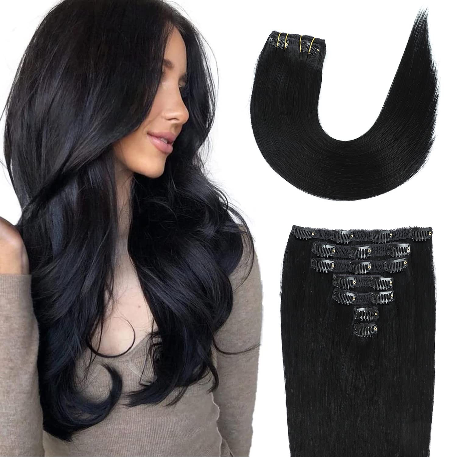 Clip in Hair Extensions Real Human Hair 14Inch 120g/set Straight Hu… Fast Ship