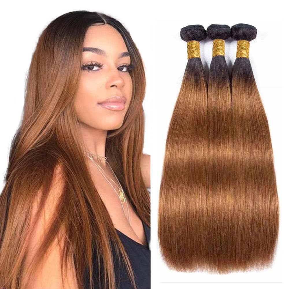 Niciitysi Light Brown Straight Bundles Human Hair Color 1B30 Bundles Ombre Two