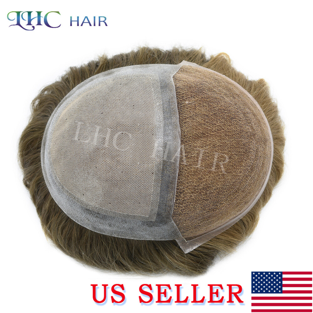 Swiss Lace Front Mens Toupee Human Hair Replacement System Lace&PU Hairpiece Wig
